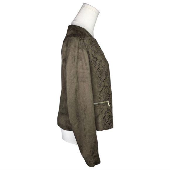 Carmen Marc Valvo Olive Faux Suede Laser Cut Zip Jacket Size 8 Boho Chic - Picture 4 of 8